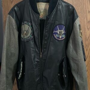Men's Black and Gray Bomber Jacket with Patches World of Troop Vintage